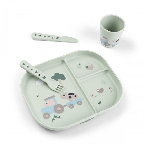 Done by Deer Foodie spisesæt med tallerken med sugekop i designet Tiny Farm i grøn