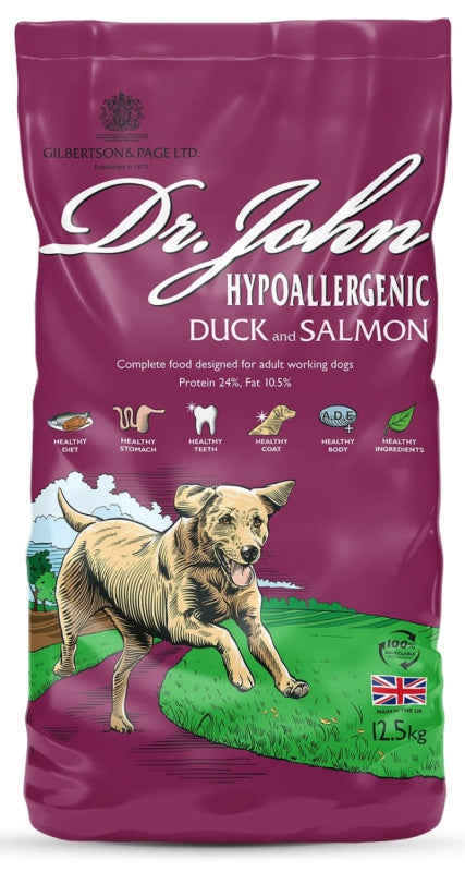 Dr. John Hypoallergenic Duck and Salmon foder med and og laks, 12,5 kg