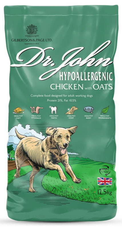 Pose med Dr. John Hypoallergenic Chicken hvedefrit hundefoder, 12,5 kg