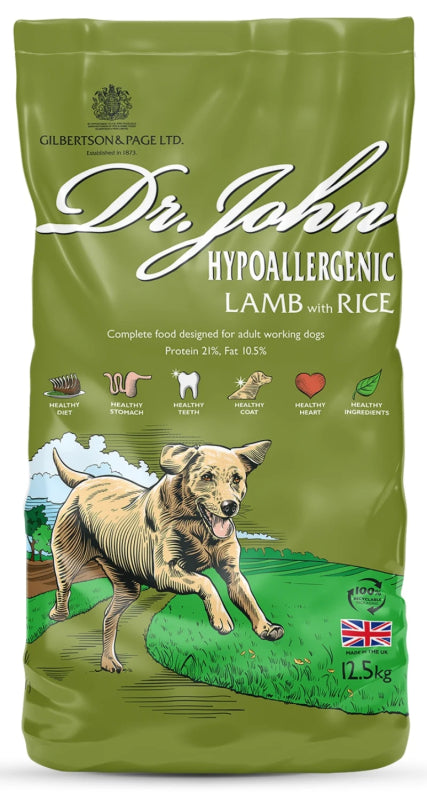 Pakning med Dr. John Hypoallergenic Lamb voksenfoder med lam, 12,5 kg