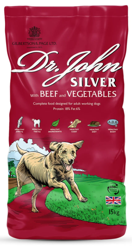 Pose med Dr. John Silver light hundefoder med oksekød og grøntsager, 15 kg