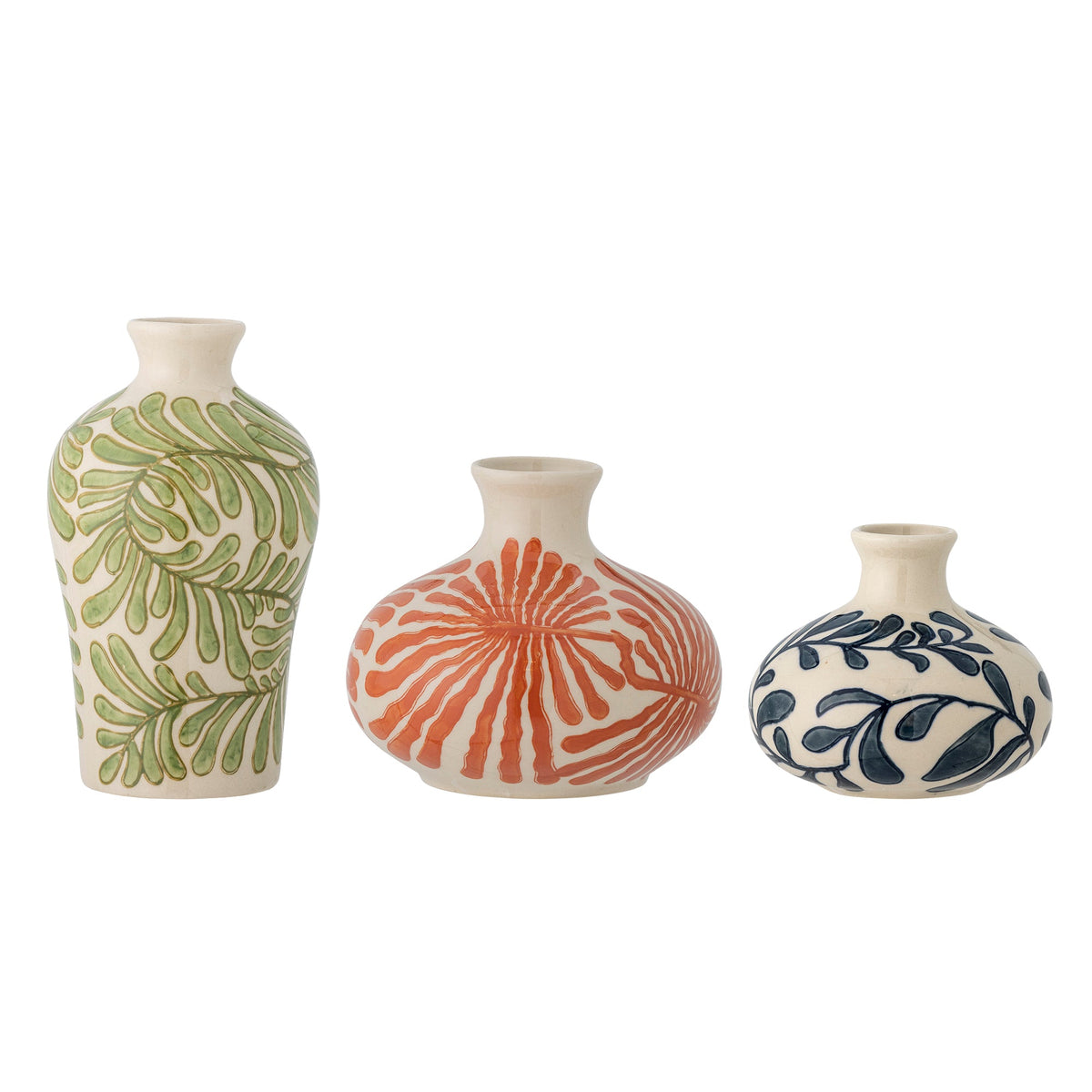 Fauni vasesæt fra Creative Collection med tre stentøjsvaser og botaniske motiver