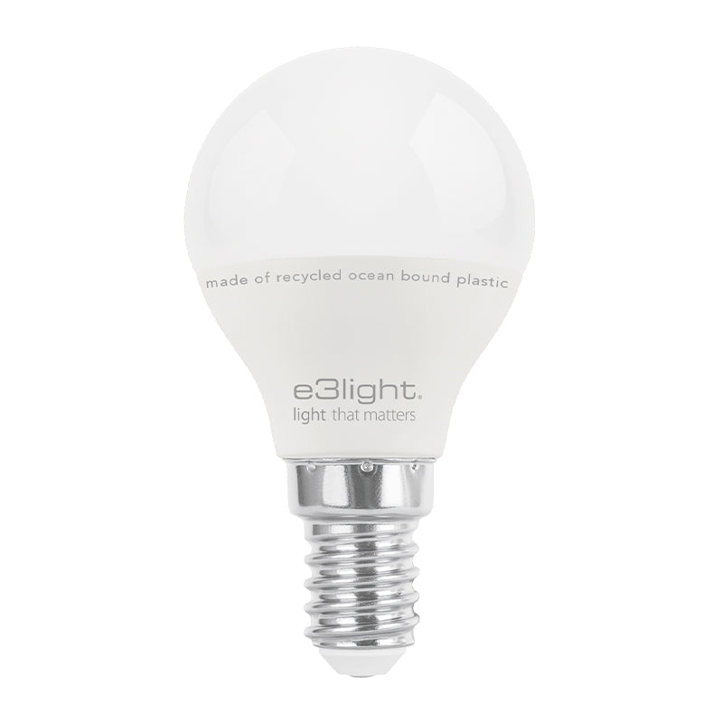 E3 Light LED pære P45 med E14-sokkel og betegnelsen Ocean Bound Plastic
