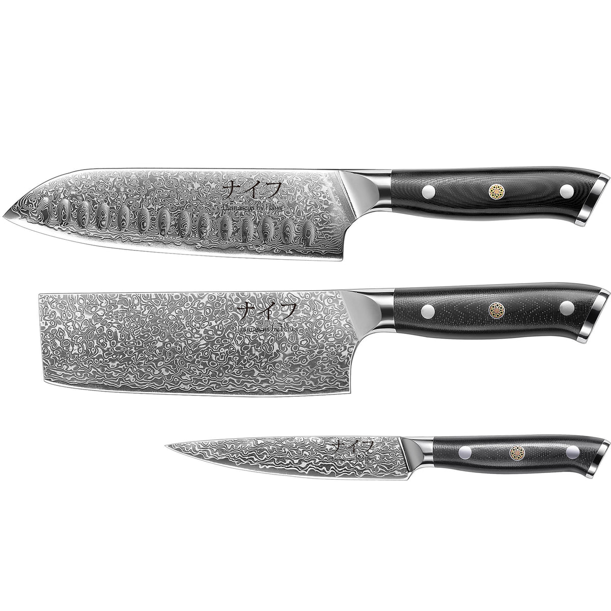Hâws Damascus knivsæt med tre knive, heriblandt en santokukniv