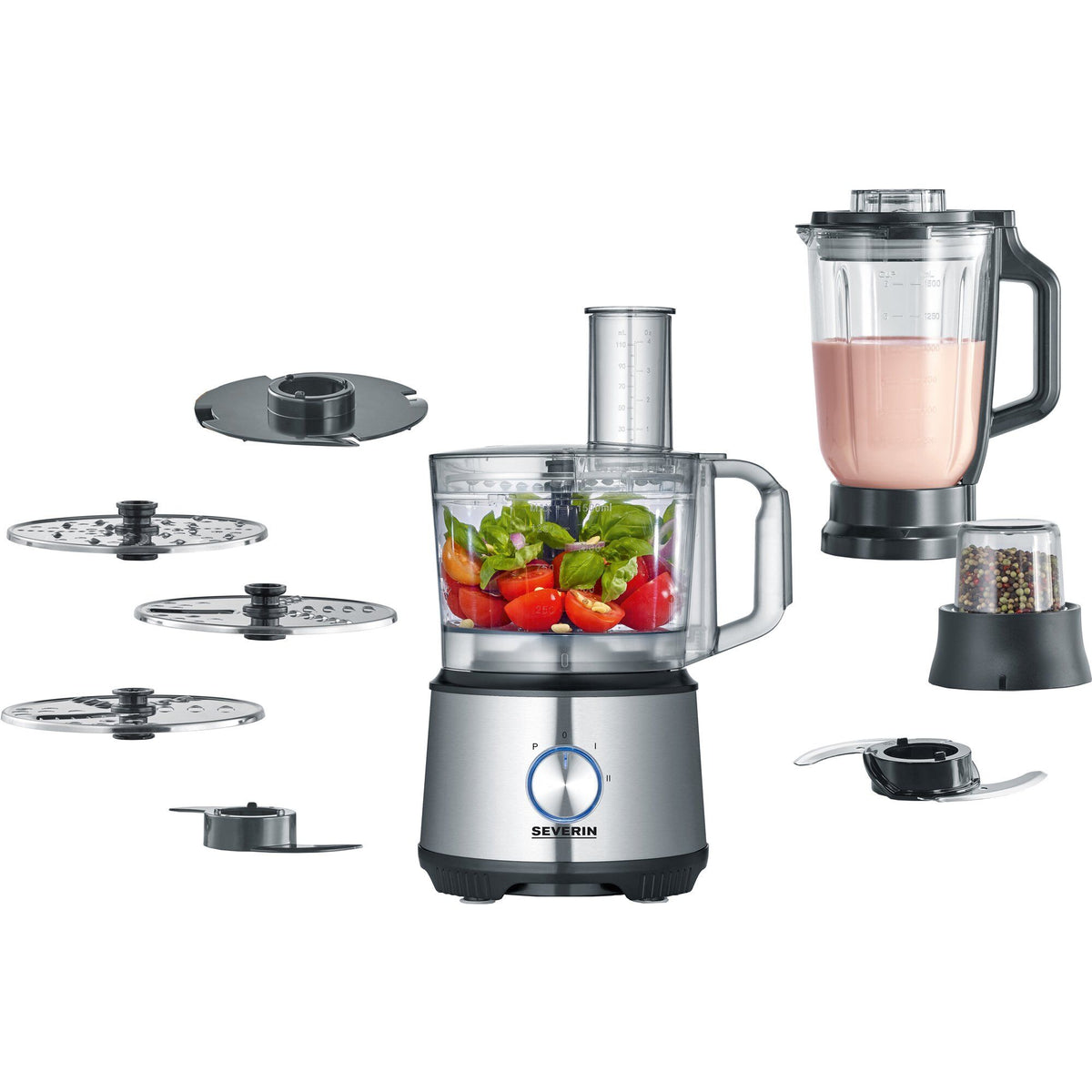Severin KM3892 foodprocessor i rustfrit stål med blenderkande