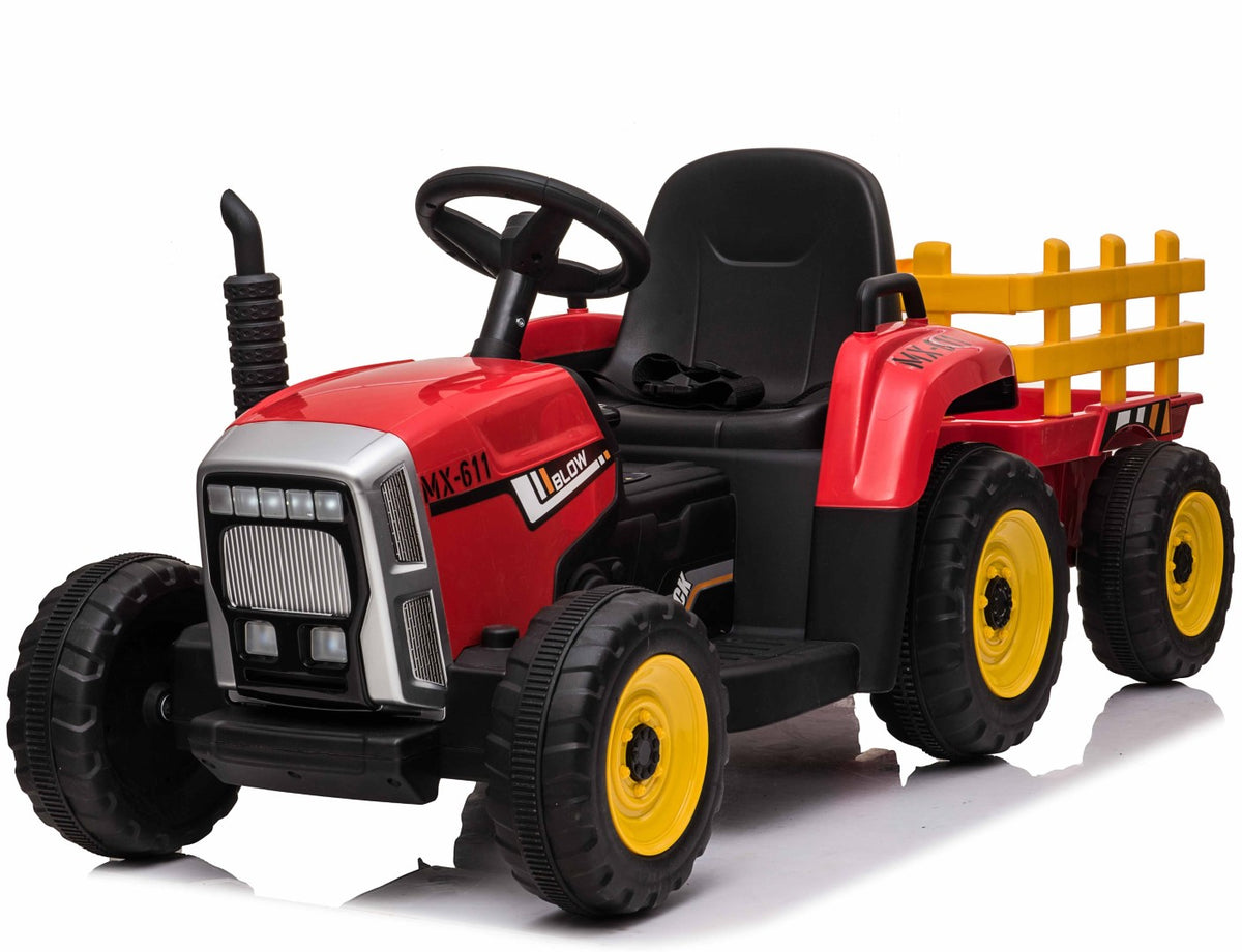 Rød el-traktor med anhænger til børn med gummihjul og kunstlædersæde