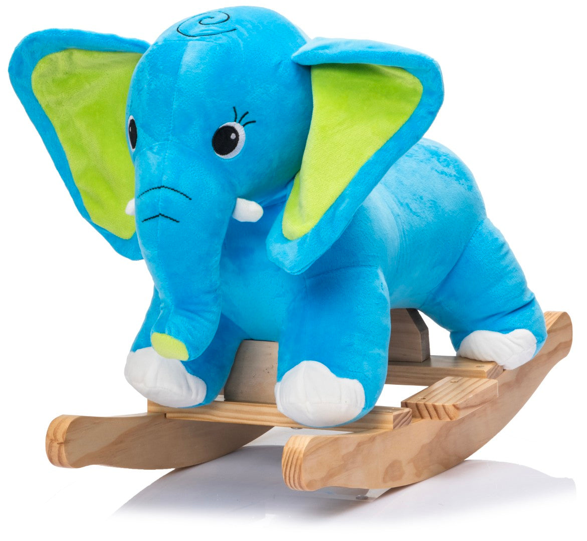 Blå MegaLeg gynge-elefant i blødt plys med store ører, limegrønne detaljer og hvide stødtænder