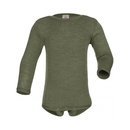 Engel langærmet baby-body i merino uld og silke i farven Olive, størrelse 50/56