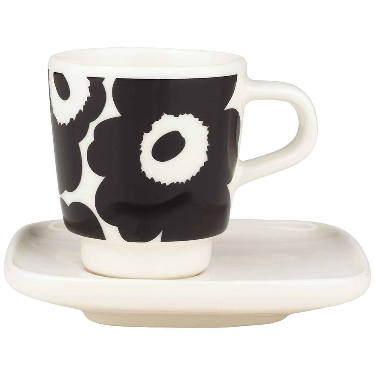 Marimekko Unikko espressokop med underkop i sort og hvid blomstermotiv
