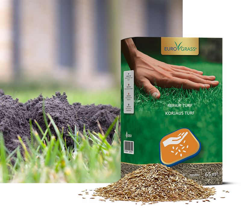 Pose med EG Repair Turf græsfrø, 1 kg, til reparation af plæne