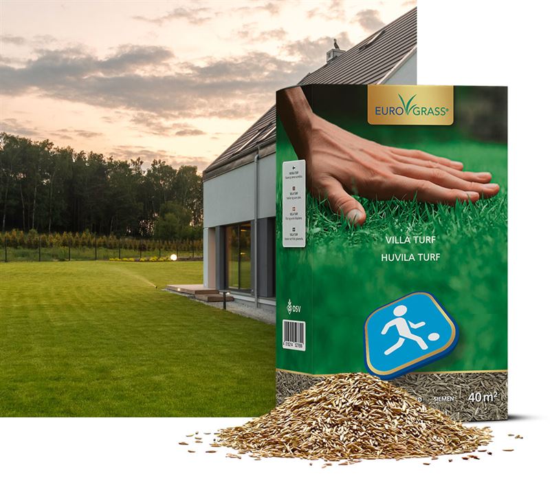 Pose med EG Villa Turf græsfrø, 1 kg, til den klassiske villahave