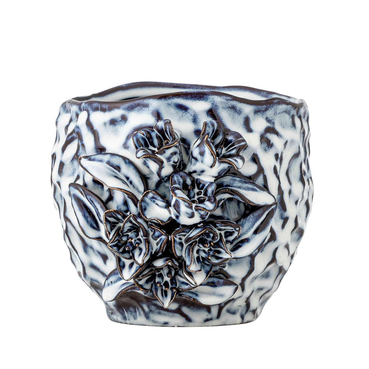 Blå Malina urtepotteskjuler i stentøj med blomstermotiv og blank glasur fra Creative Collection