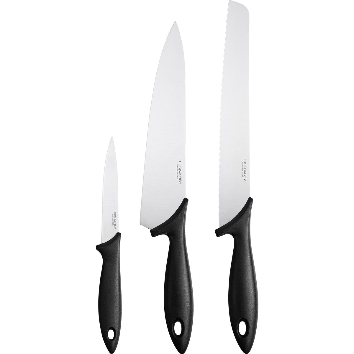 Fiskars Essential knivsæt med tre knive med håndtag af PP-plast og fingerstop