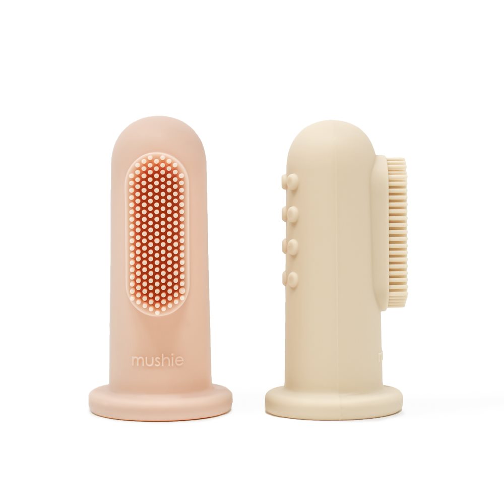 Fingertandbørste til baby i rosa og beige fra Mushie