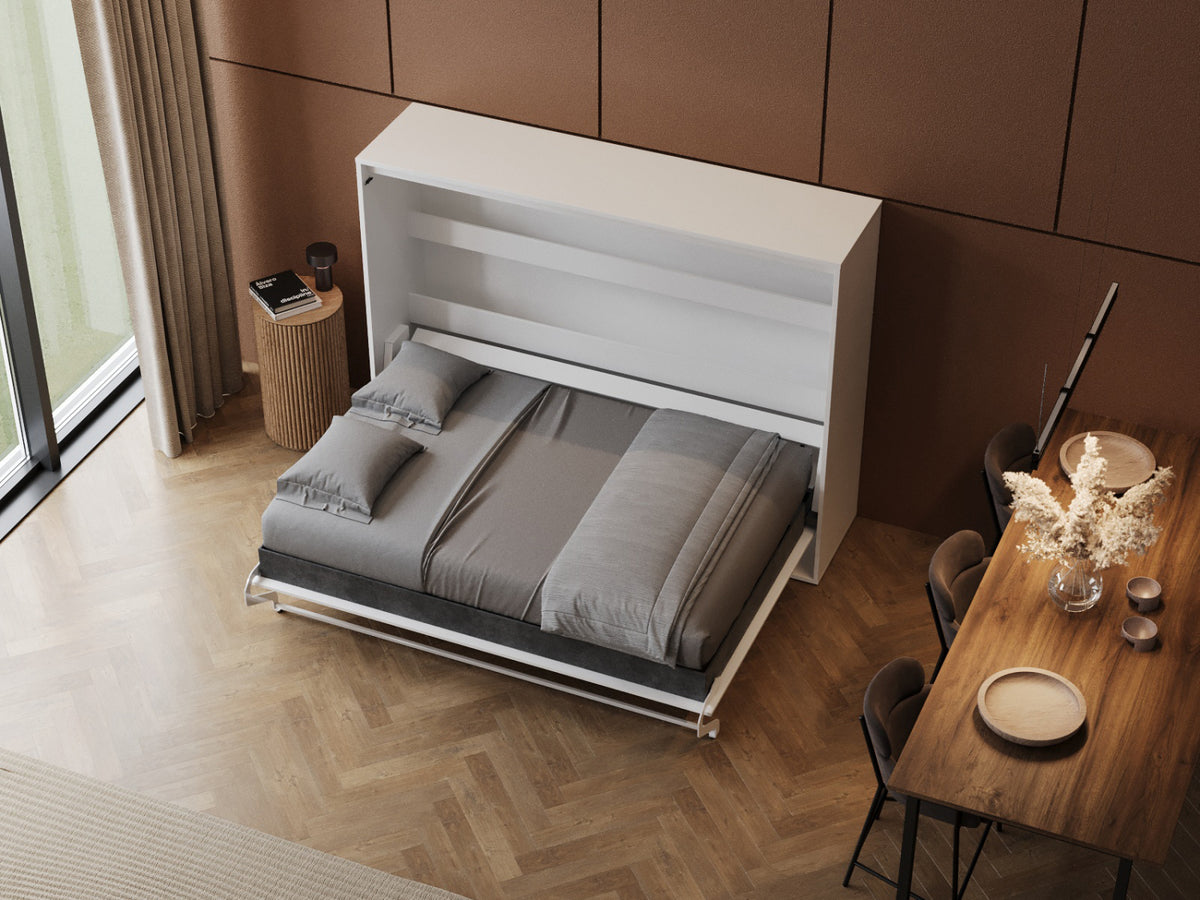 Hvid M2 skabsseng i lav model, 160x200 cm, med hvidt skab og hvid front