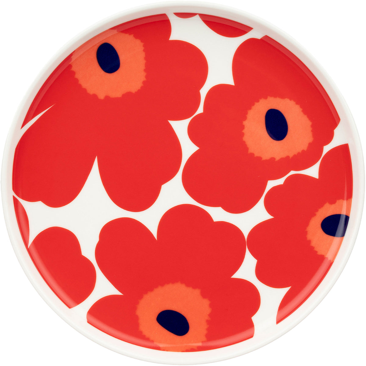 Marimekko Unikko tallerken på 20 cm med rødt og blåt blomstermotiv på hvid bund