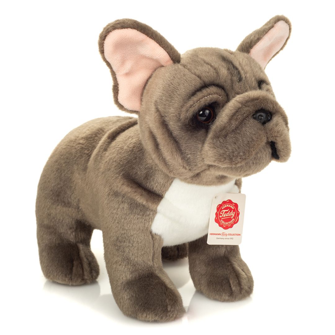 Grå Fransk Bulldog bamse på 30 cm fra Teddy Hermann, der står som en ægte hund