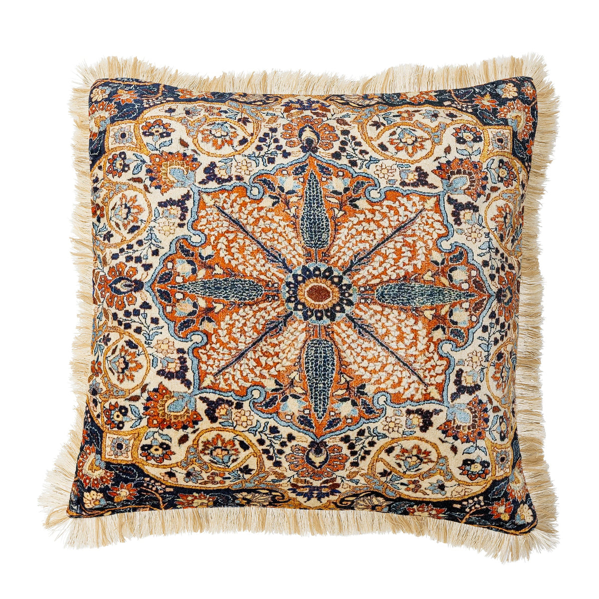Brun Asu pude fra Creative Collection med blomstermotiv og frynsekant