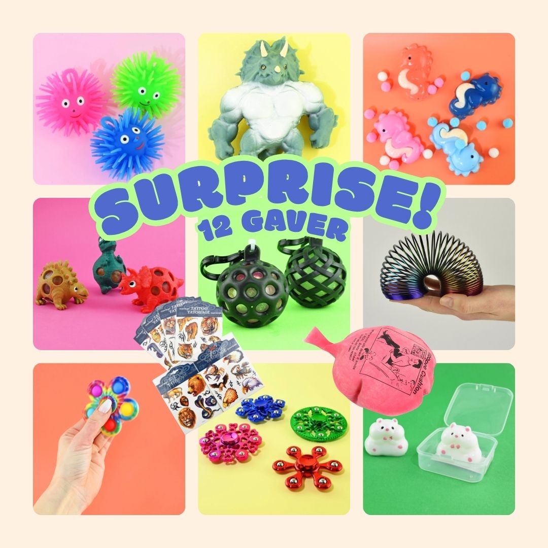 Gavekasse med 12 små surprise-gaver som squishy og fidget, mest til drenge