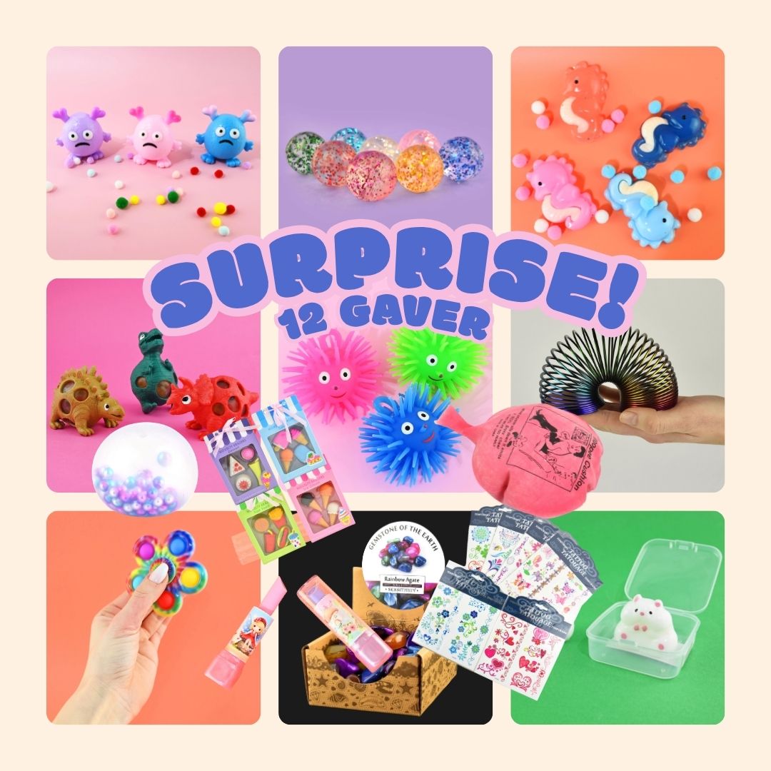 Gavekasse med 12 små surprise-gaver som squishy og fidget, mest til piger