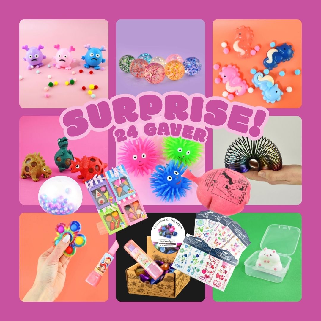 Gavekasse med 24 små surprise-gaver som squishy og fidget til piger