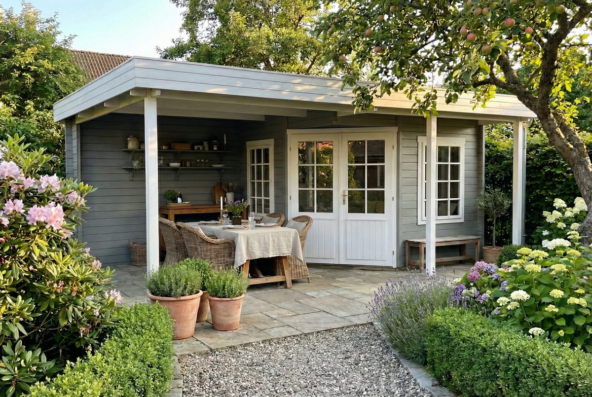 Lotte 3 hjørnepavillon i træ på 16,4 m² med halvtag og fladt tag