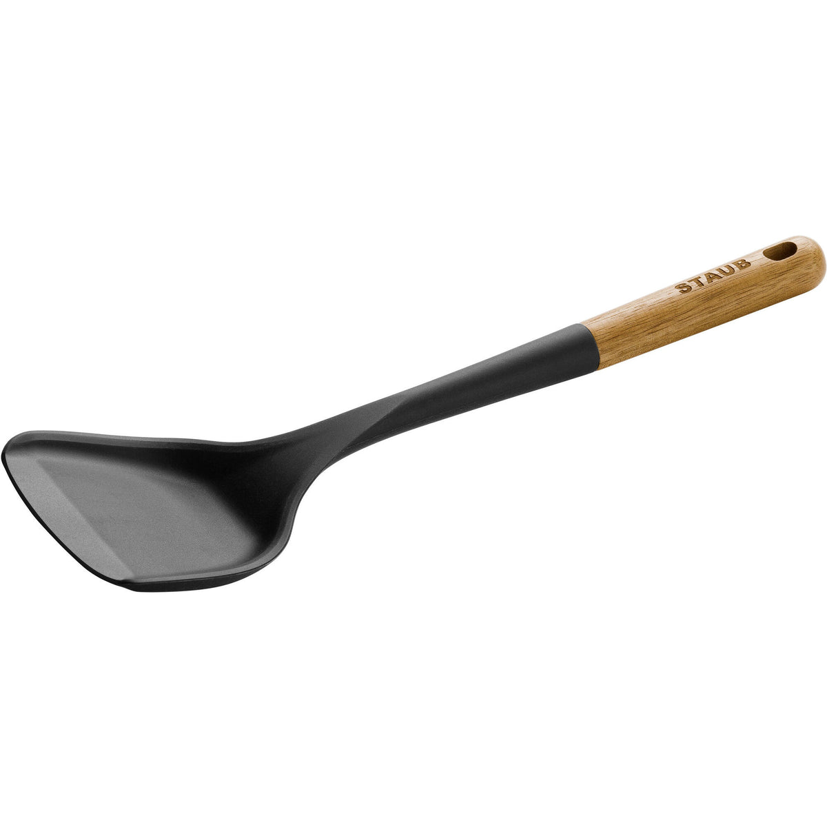 Sort wokspade fra Staub i silikone og akacietræ, 31 cm lang