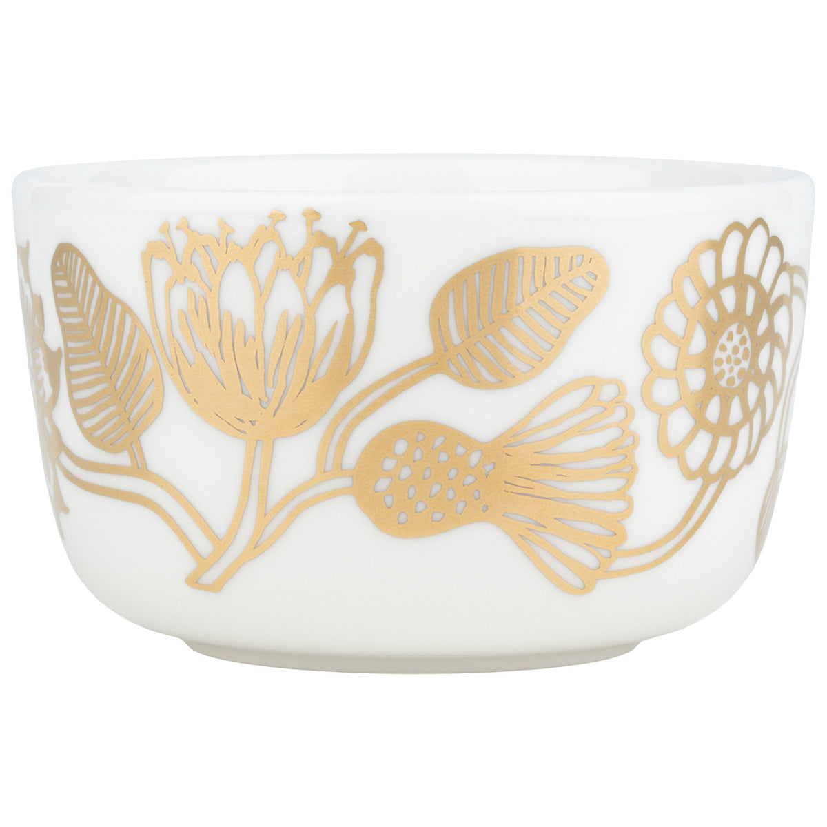 Marimekko Tiara skål i hvidt stengods med guldmønster af blomster og blade