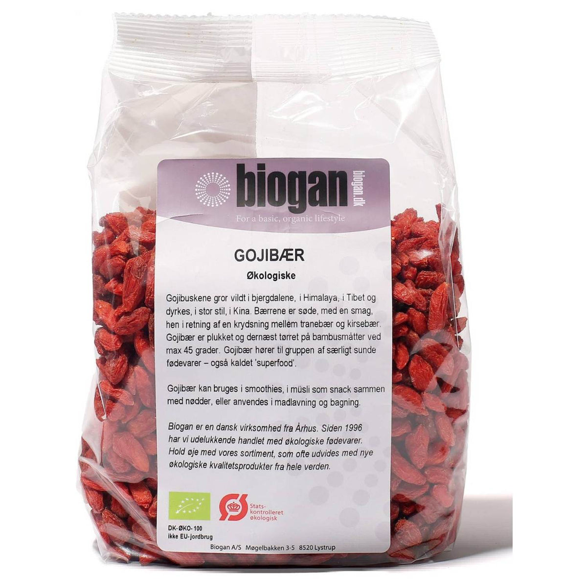 Stor pose med økologiske tørrede gojibær, 400 gram, fra Biogan