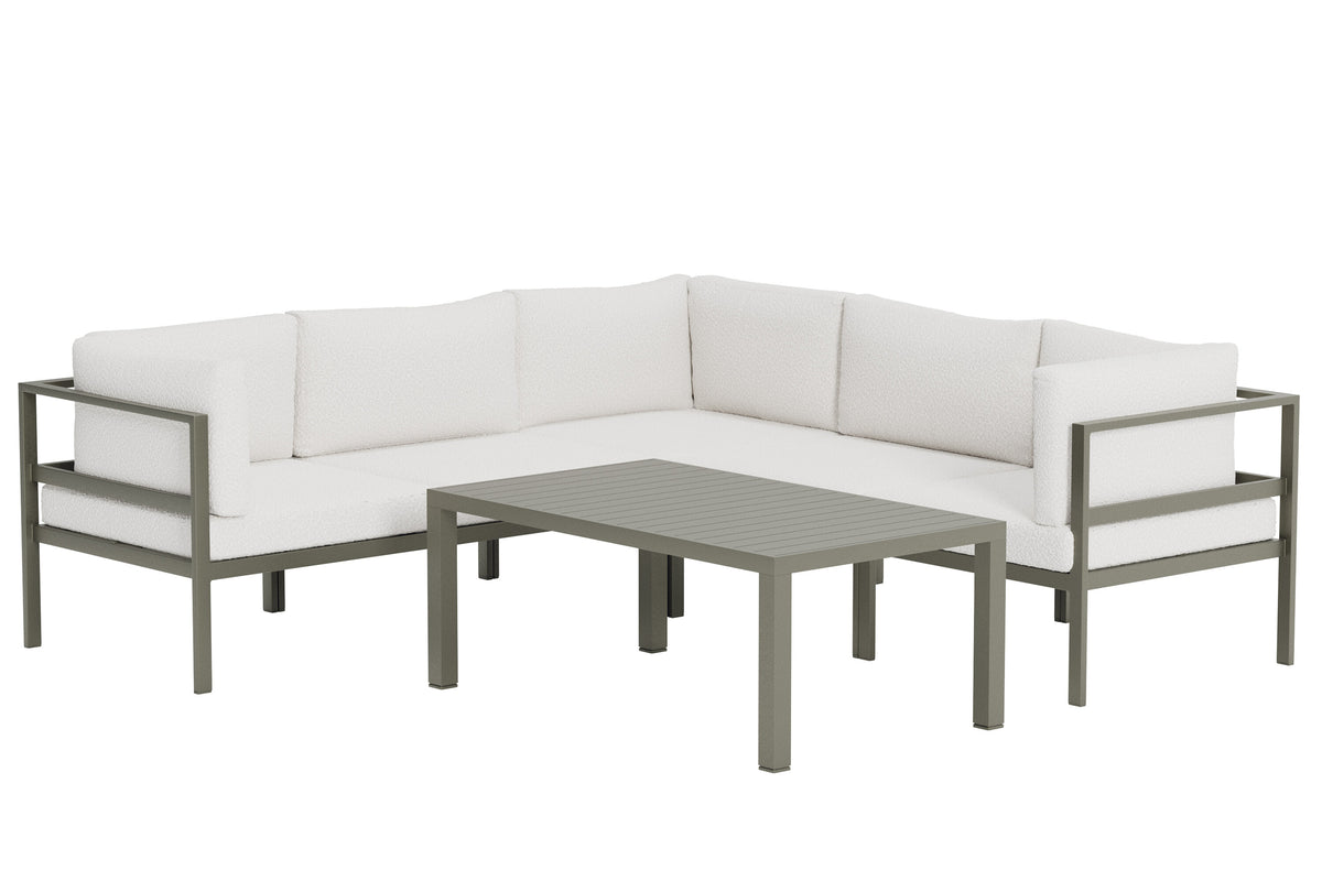 Venture Design Copacabana havehjørnesofasæt med hvide bouclé hynder og brun aluminium