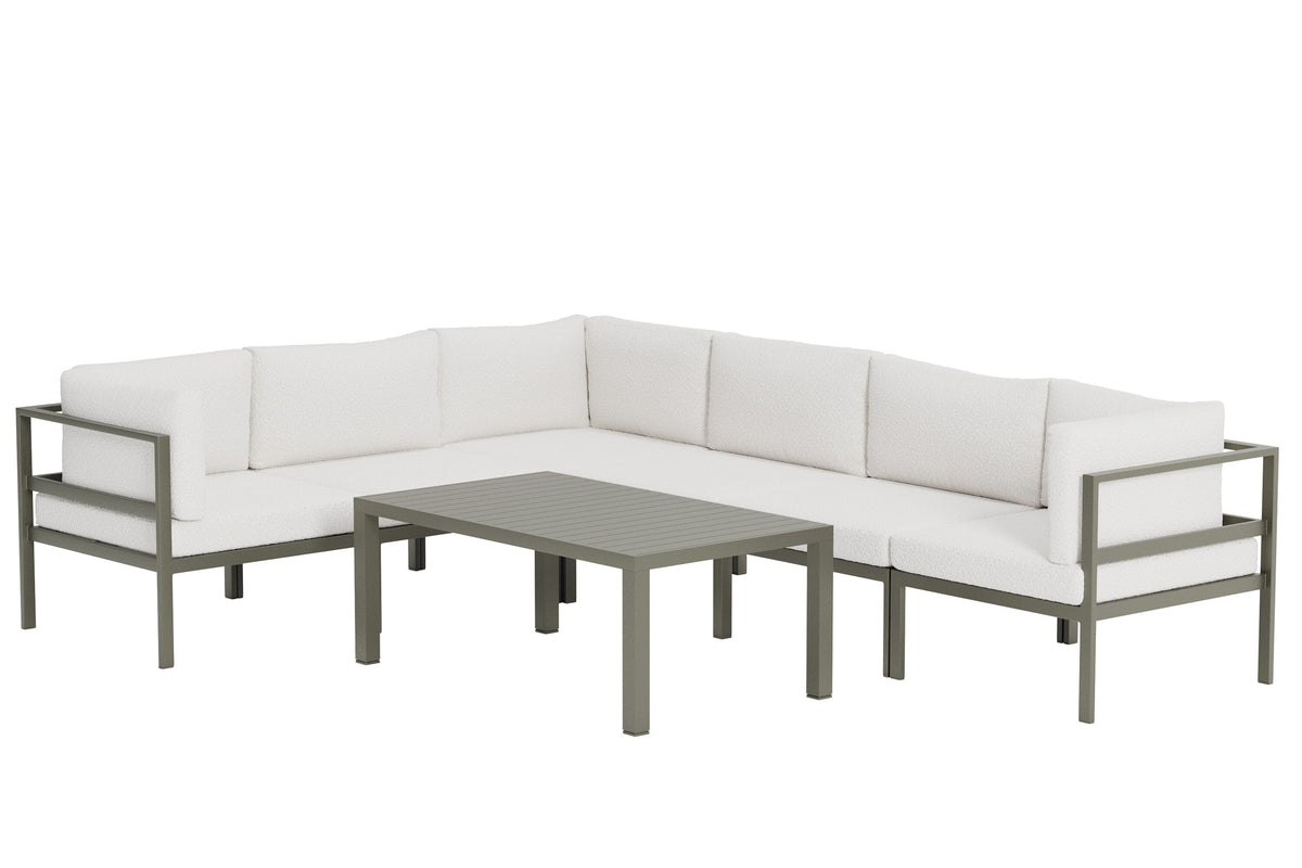 Venture Design Copacabana havehjørnesofasæt med 1 bord og 1 sofa, hvid bouclé og brun aluminium