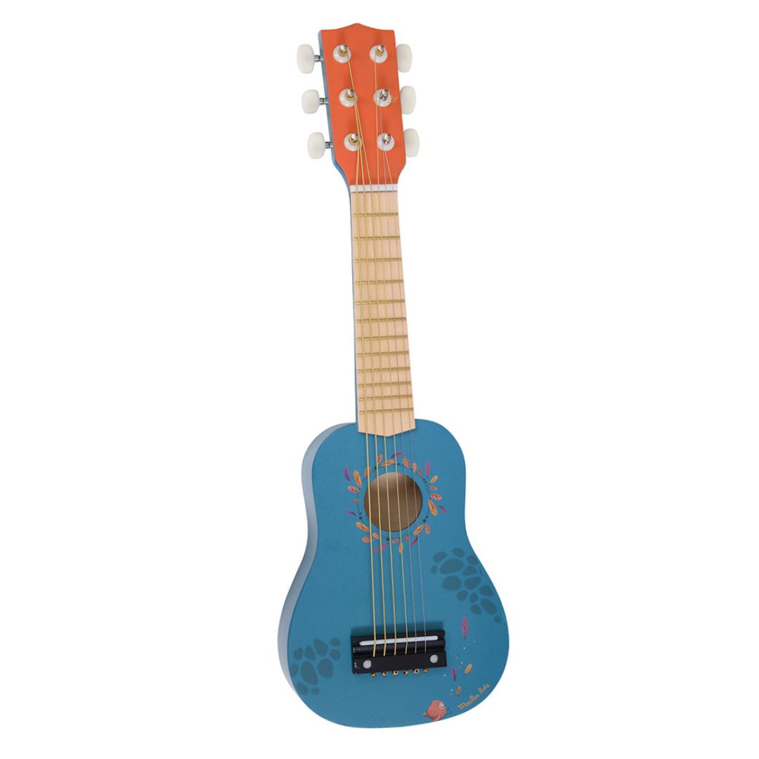 Mørkeblå legetøjsguitar med 6 strenge og jungleillustrationer fra Moulin Roty