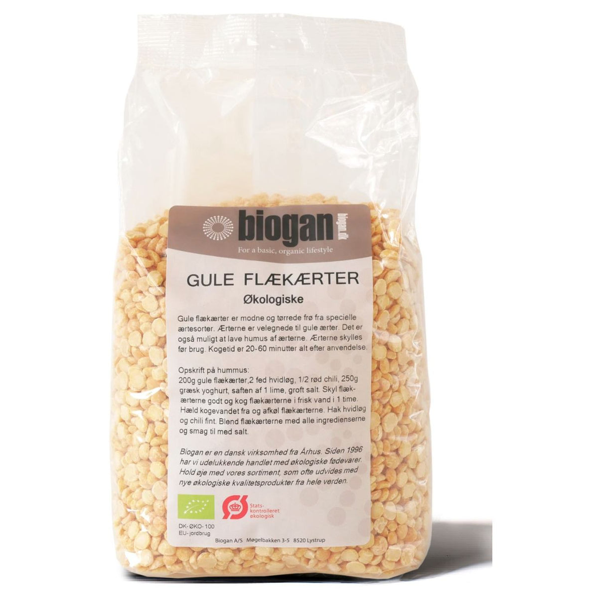 Stor pakke med økologiske gule flæk ærter, 1 kg, fra Biogan