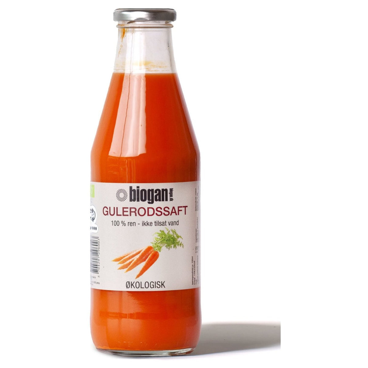 Flaske med økologisk gulerodssaft fra Biogan, 750 ml