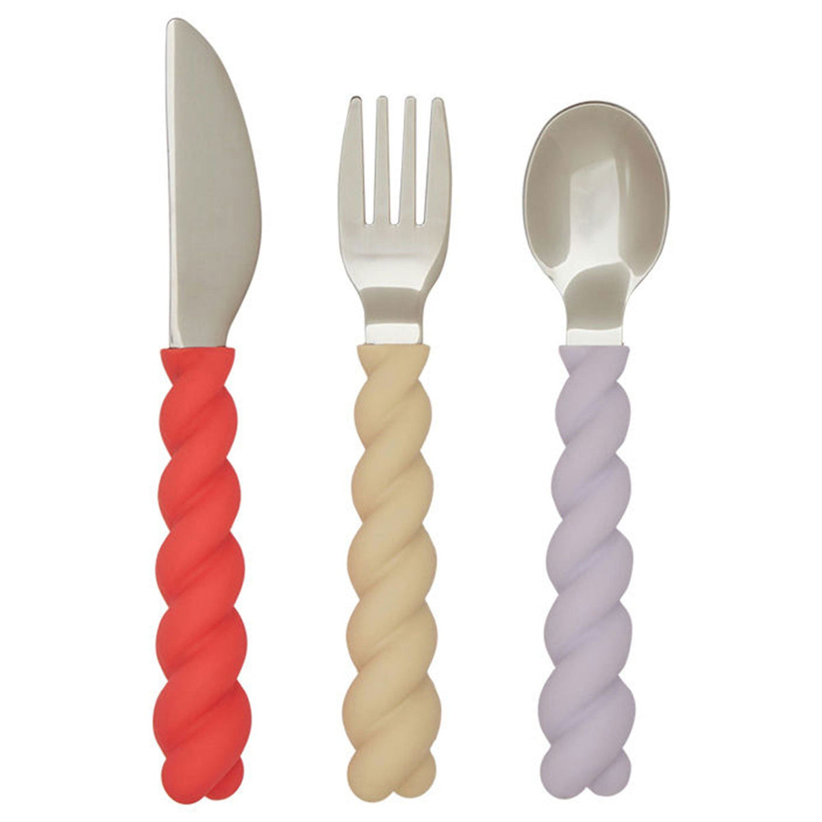 OYOY Mini Mellow børnebestik med kniv, gaffel og ske i lavender, vanilla og red