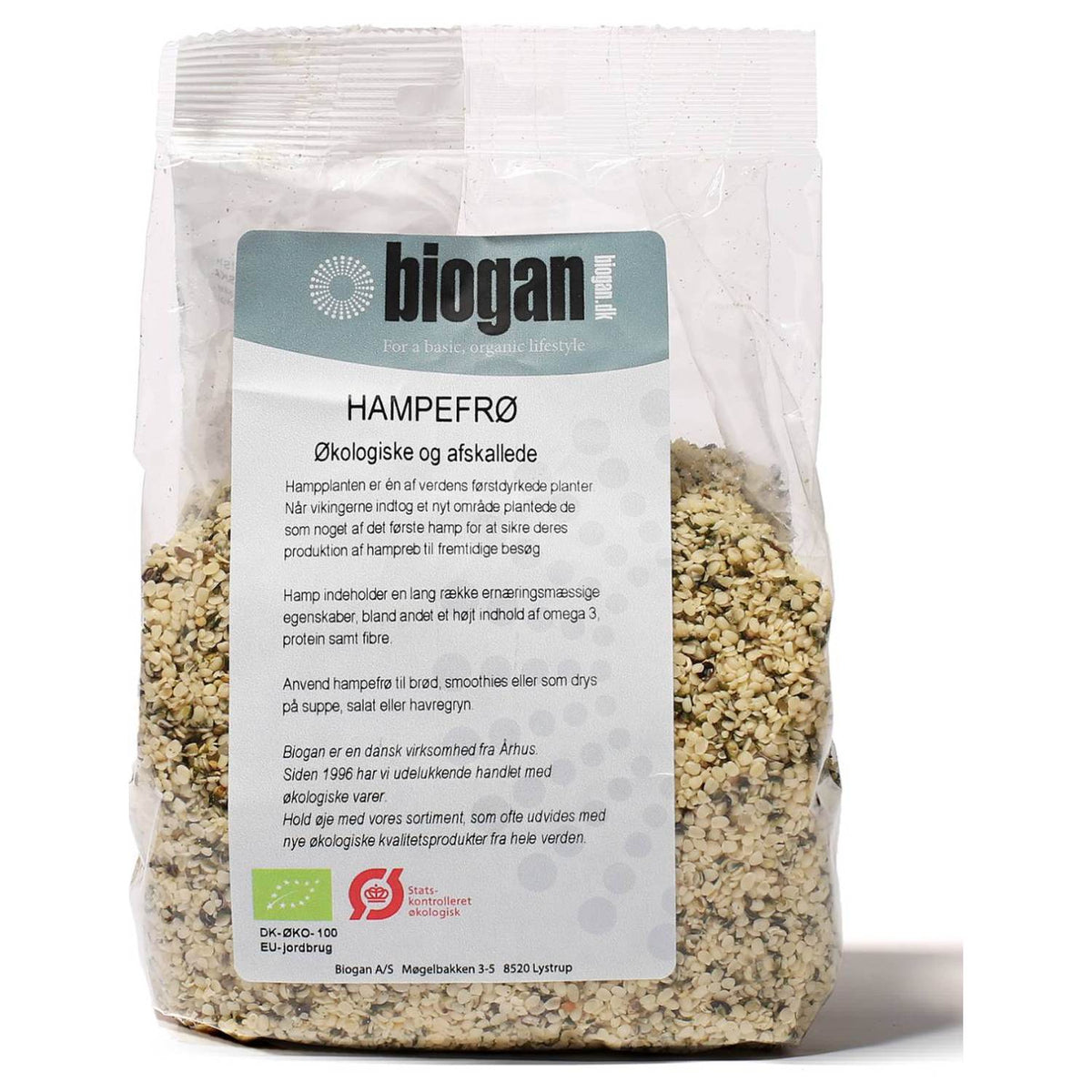 Pose med afskallede økologiske hampefrø, 400 gram, fra Biogan