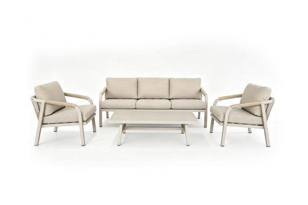 Helsingborg havesofasæt med 3-personers sofa, to loungestole og sofabord i aluminium, Latte
