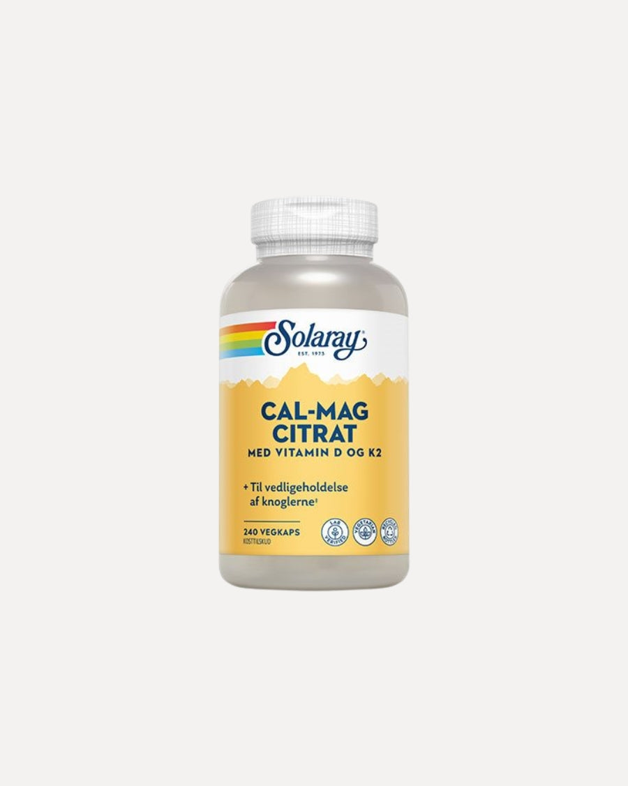 Glas med Solaray Calcium Magnesium Citrat med D3 og K2, 240 stk