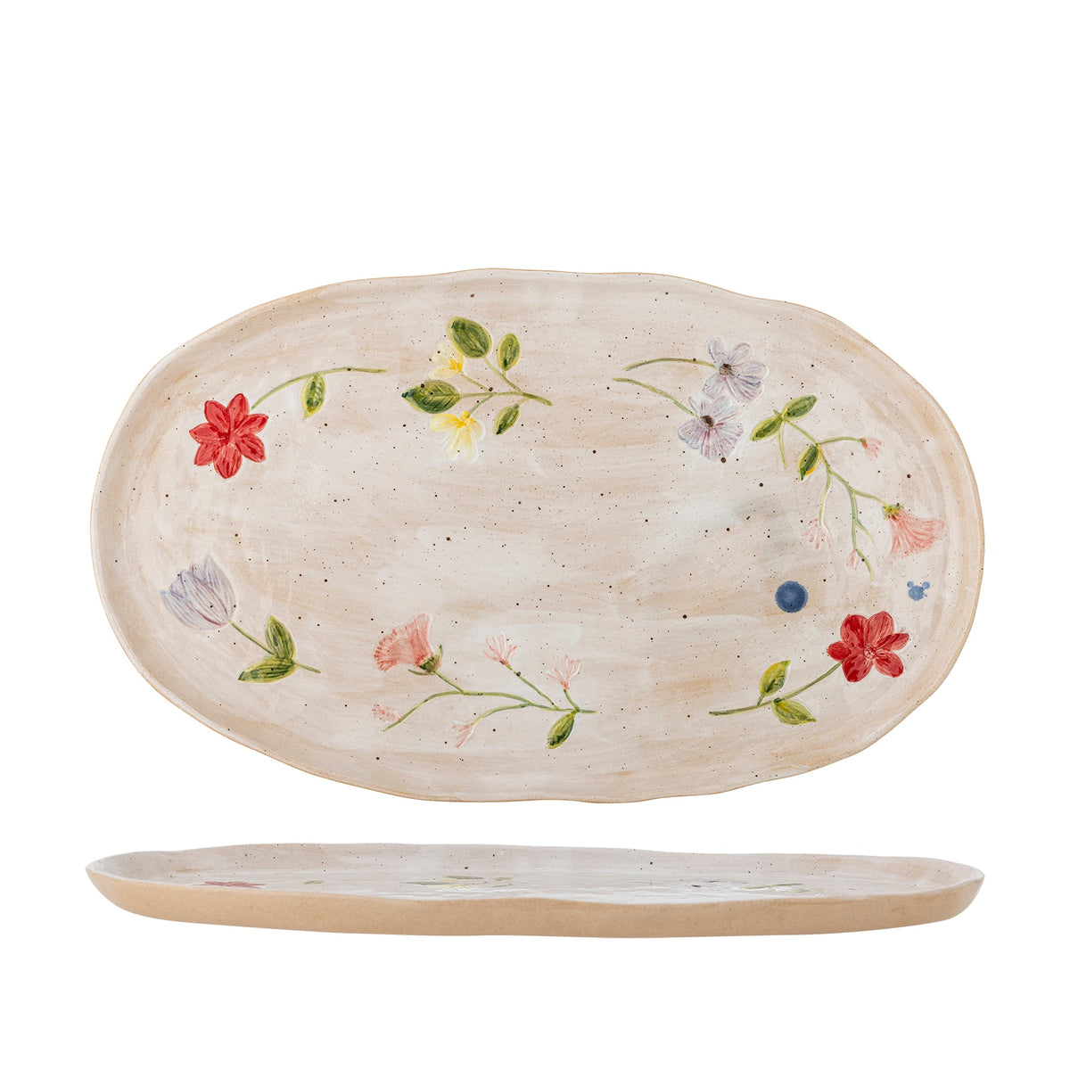 Creative Collection Camilla serveringsfad i stentøj med håndmalet blomstermotiv og bløde kanter