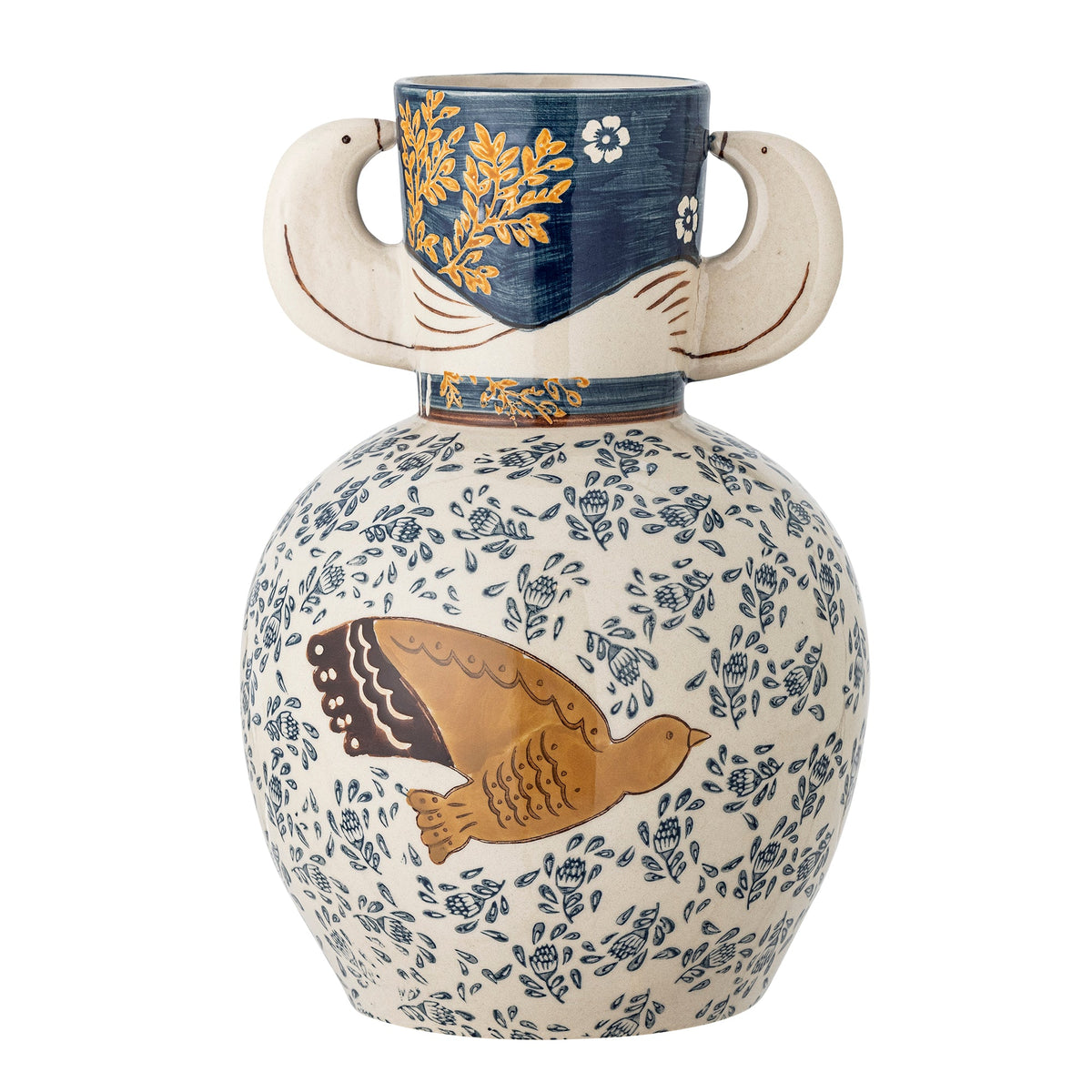 Blå Hezha vase i stentøj fra Bloomingville med fuglemotiv