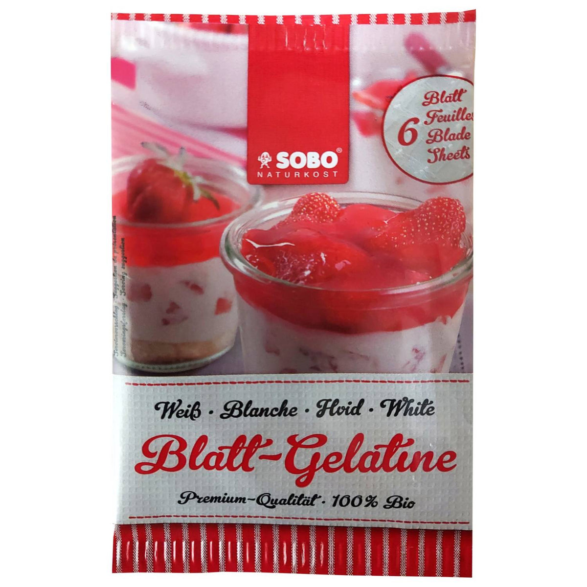 Pakke med økologisk husblas gelatine, 6 blade, under navnet SOBO