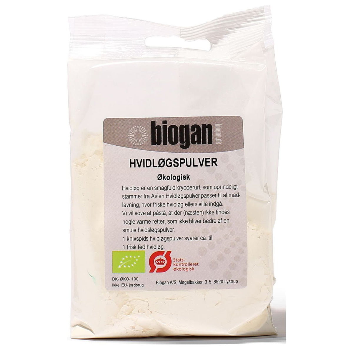 Pakke med 100 gram økologisk hvidløgspulver fra Biogan