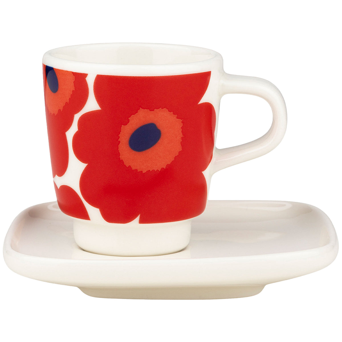 Marimekko Unikko espressokop med underkop i rød, hvid og blå med blomstermotiv