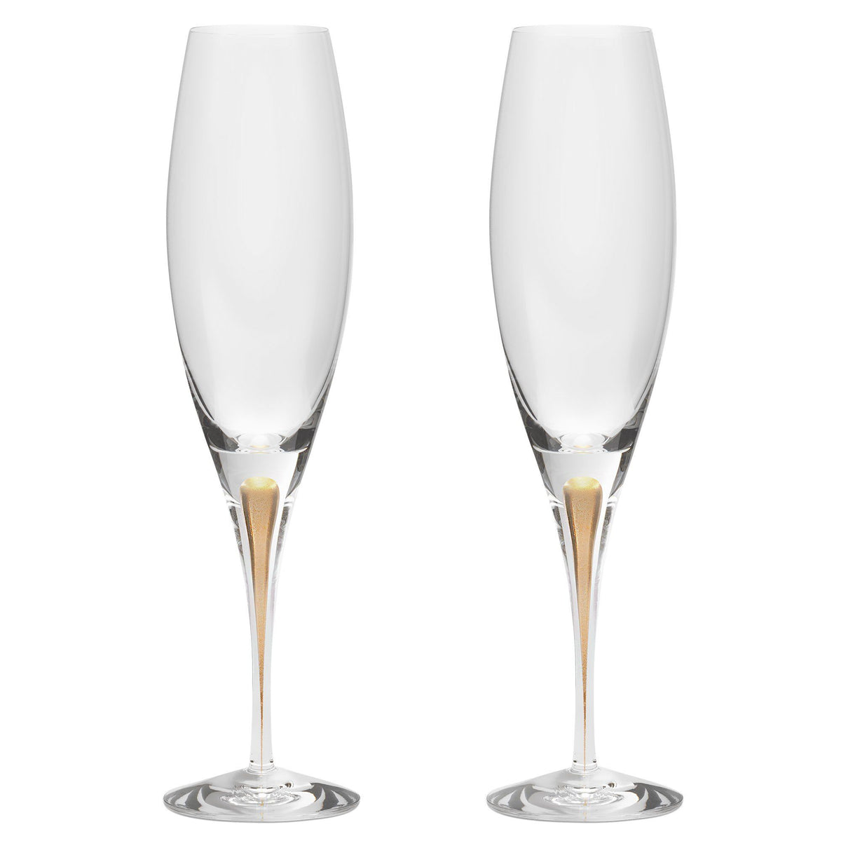 To Orrefors Intermezzo champagneglas med guld, designet af Erika Lagerbielke