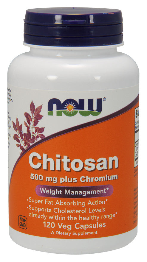 Emballage med NOW Foods chitosan 500 mg plus krom-kapsler