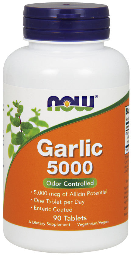 Pakke med NOW Foods Garlic 5000 lugtreduceret hvidløg, 90 tabletter