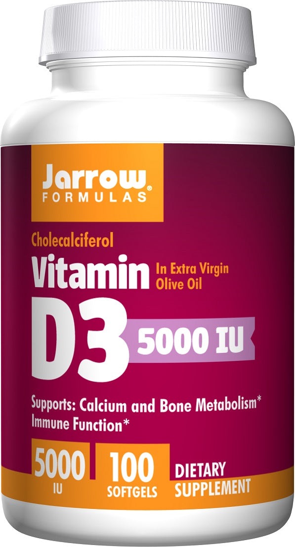 Beholder med Jarrow Formulas D3-vitamin 5000 IE, 100 bløde kapsler