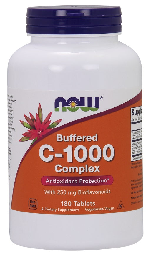 Flaske med NOW Foods Vitamin C-1000 Complex, 180 bufrede vegantabletter