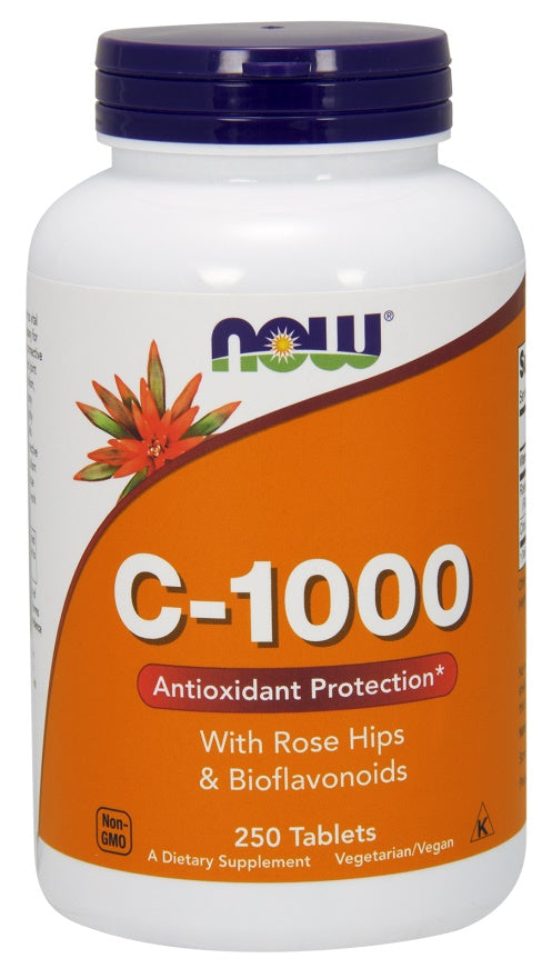NOW Foods C-vitamin 1000 med hyben og bioflavonoider, 250 tabletter