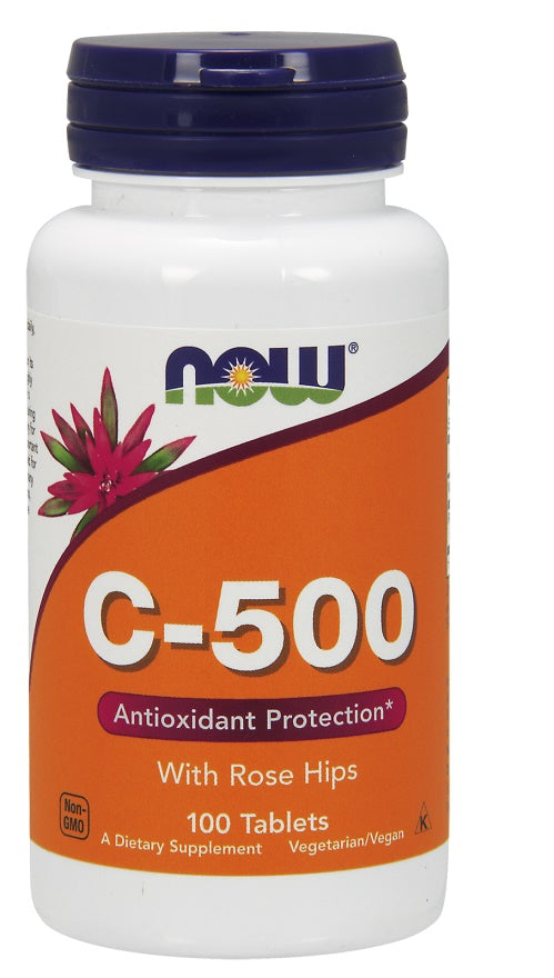 Pakke med NOW Foods Vitamin C-500 with Rose Hips, 100 veganske tabletter